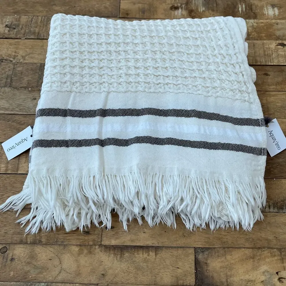 AquaVireo Bath Towels (2) 22in x 40in 100% Cotton Ivory Brown Waffle Knit Fringe